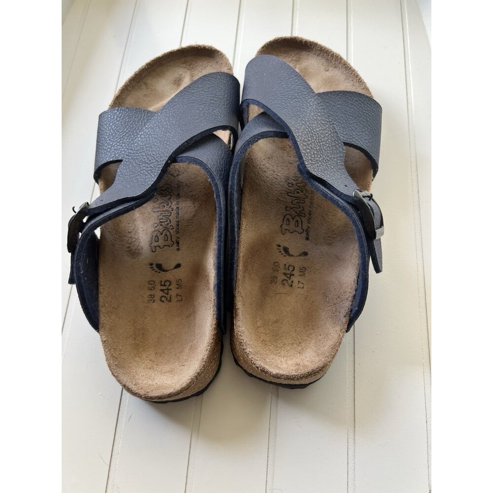 Birkis Birkenstock Womens Size 38 Womens 7 Mens 5 Blue Criss Cross Slide Sandals - Picture 4 of 12
